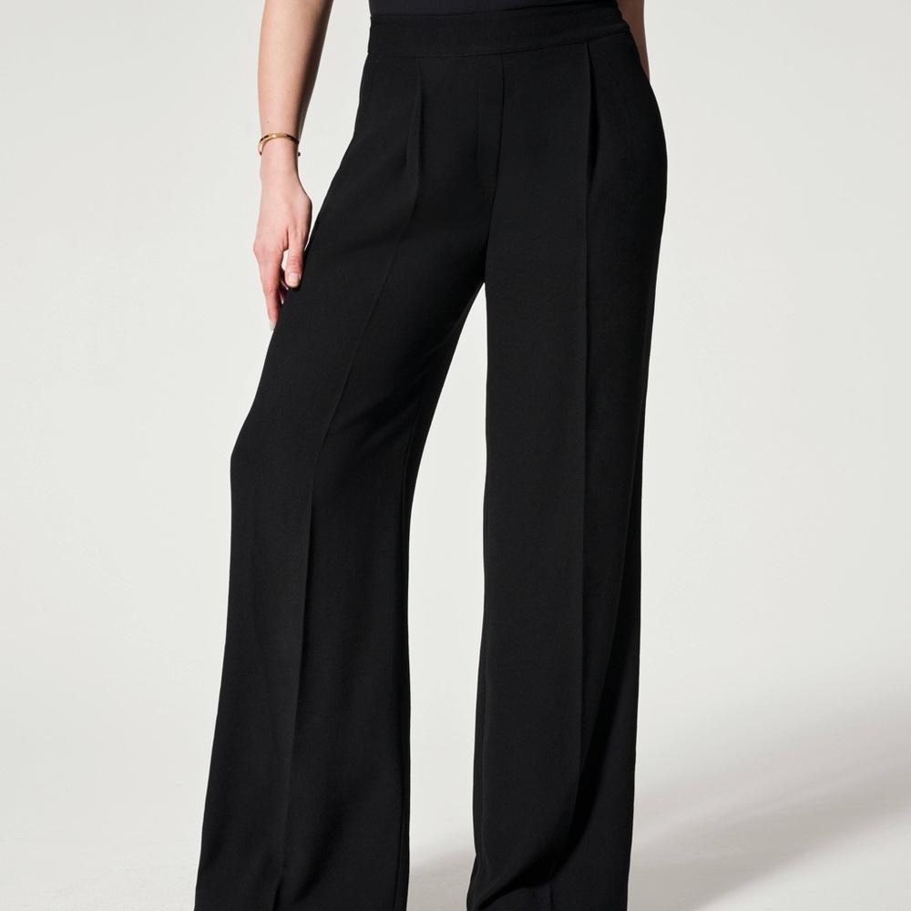 Spanx Carefree Crepe Pleated Wide Leg Trousers Size Medium Black Pull On - Picture 9 of 10